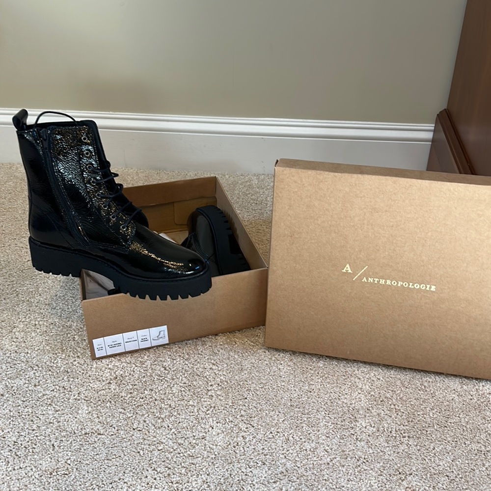 Brand New Anthropologie black patent leather lace up combat boots